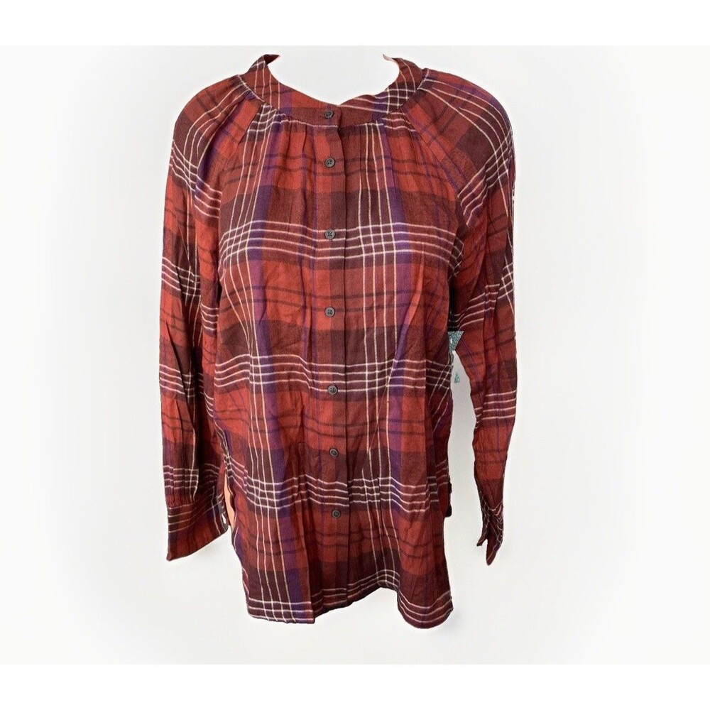 Susina Maroon Orange Plaid Button Down Shirt Size XS New Soft Flannel